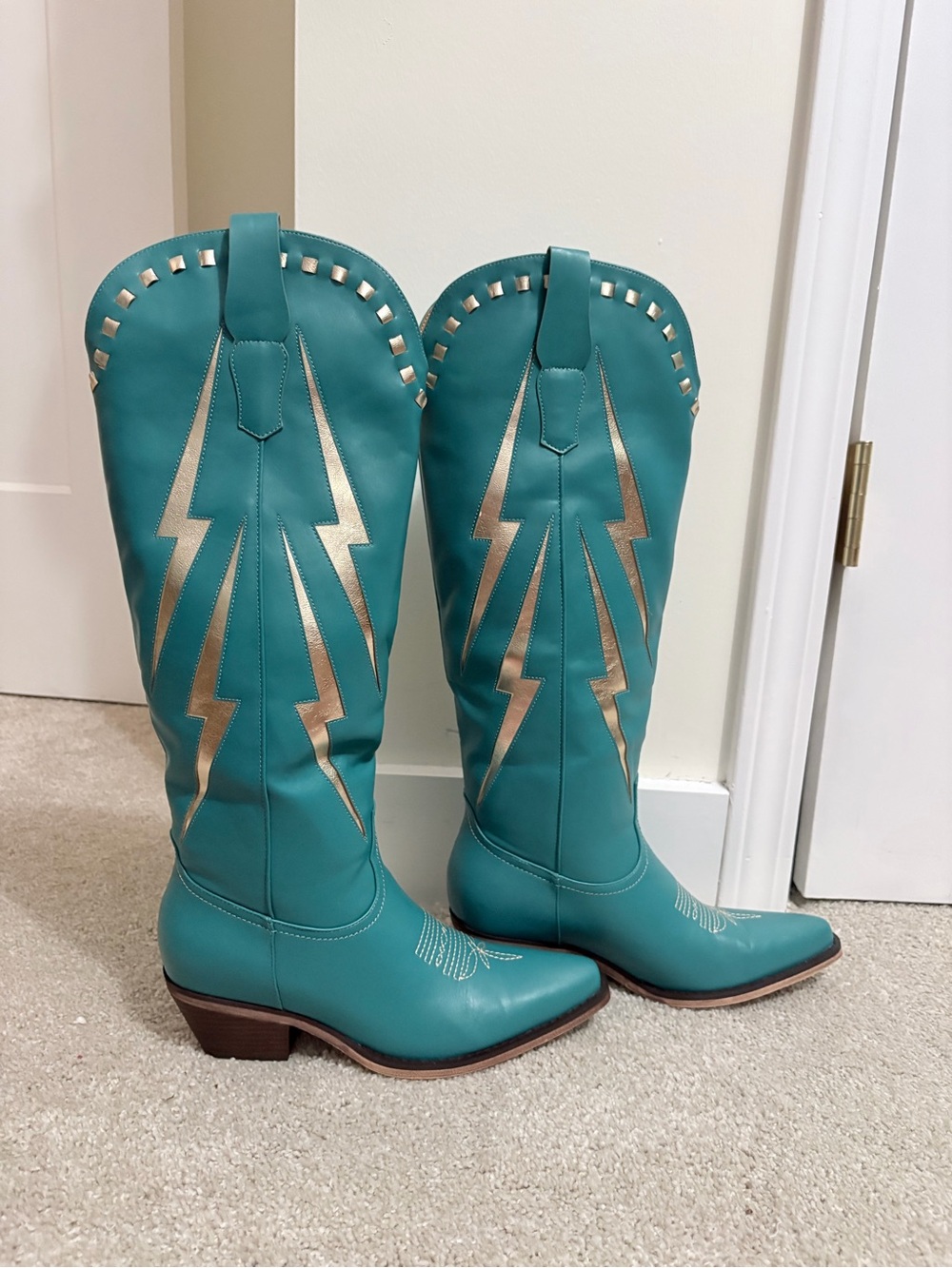 Turquoise Leather Cowboy Boots with Gold Accents - Brand New Marfa boots